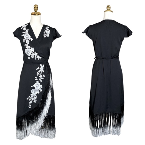 VENUS Black w/ White Embroidered Floral Asymmetric Fringe Wrap Midi Dress Size 8 - Picture 8 of 11